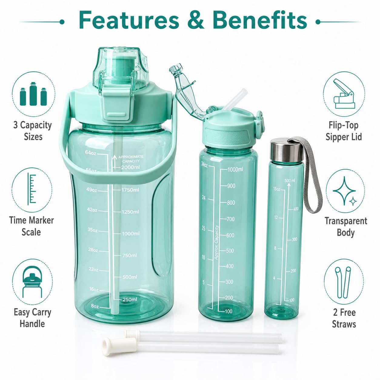 3 pcs motivational water bottle set